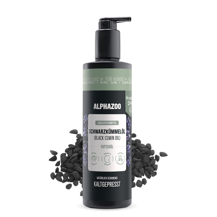 Schwarzkümmelöl für Hunde von alphazoo, 500ml Flasche mit kaltgepresstem Öl aus Nigella Sativa.