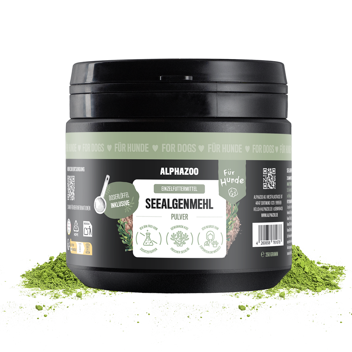 Seealgenmehl Pulver von Alphazoo in 250g Dose für Hunde, enthält natürliches Jod aus Meeresalgen.