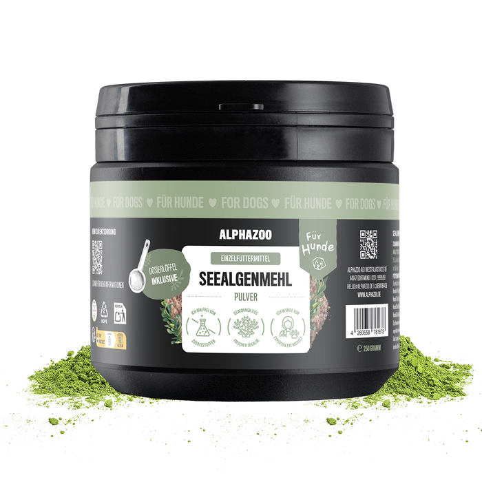 Seealgenmehl Pulver von Alphazoo in 250g Dose für Hunde, enthält natürliches Jod aus Meeresalgen.