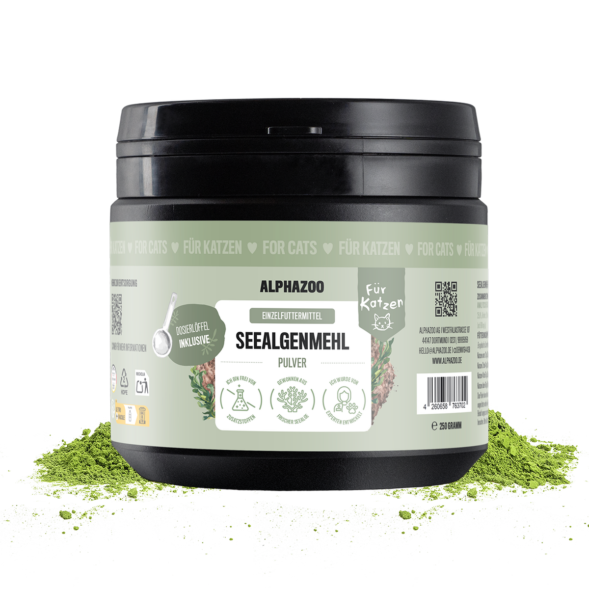 Seealgenmehl für Katzen in einer 250g Dose von ALPHAZOO, reich an natürlichem Jod für die Schilddrüsenfunktion.