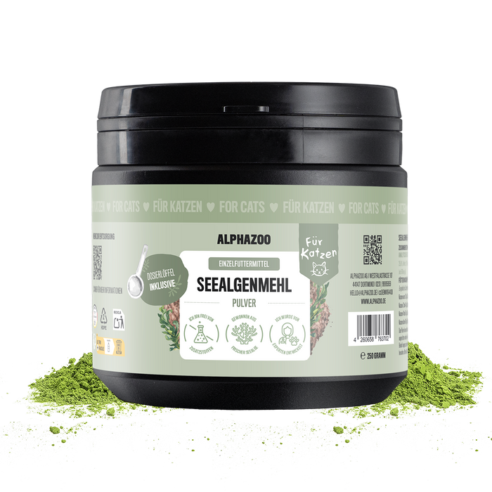 Seealgenmehl für Katzen in einer 250g Dose von ALPHAZOO, reich an natürlichem Jod für die Schilddrüsenfunktion.
