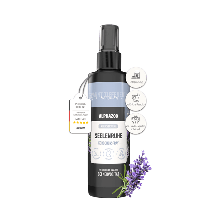 Seelenruhe Körbchenspray für Hunde in 250ml Flasche für Entspannung bei Stresssituationen.