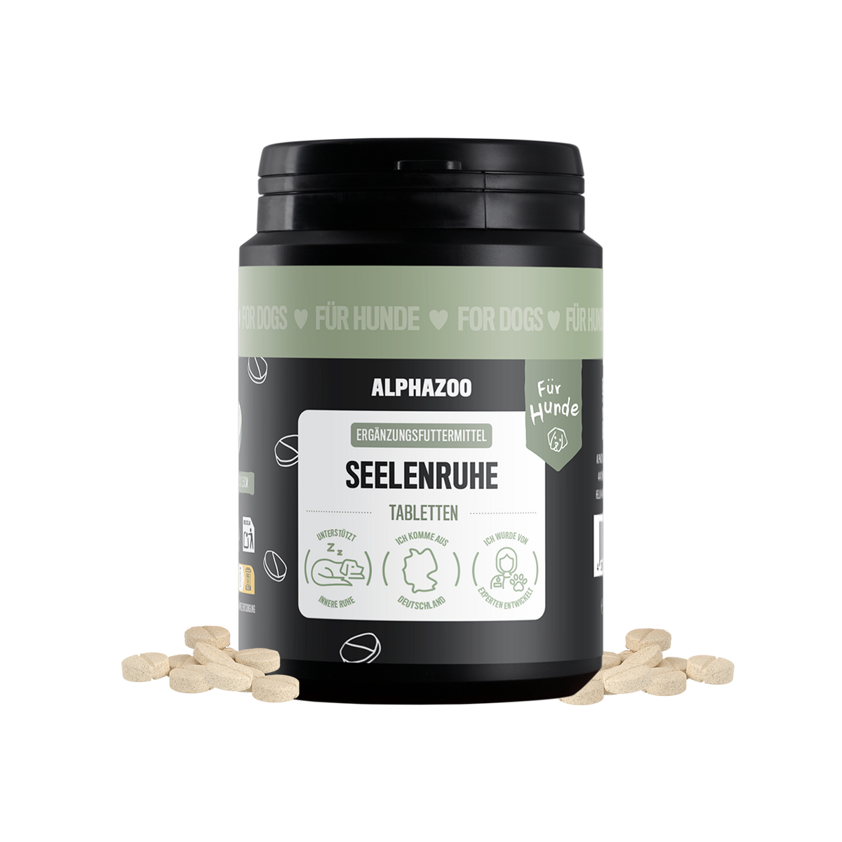 Seelenruhe Tabletten für Hunde von alphazoo in schwarzer Packung mit Kräutern, Größe: 180g