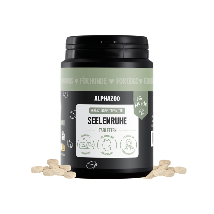Seelenruhe Tabletten für Hunde von alphazoo in schwarzer Packung mit Kräutern, Größe: 180g