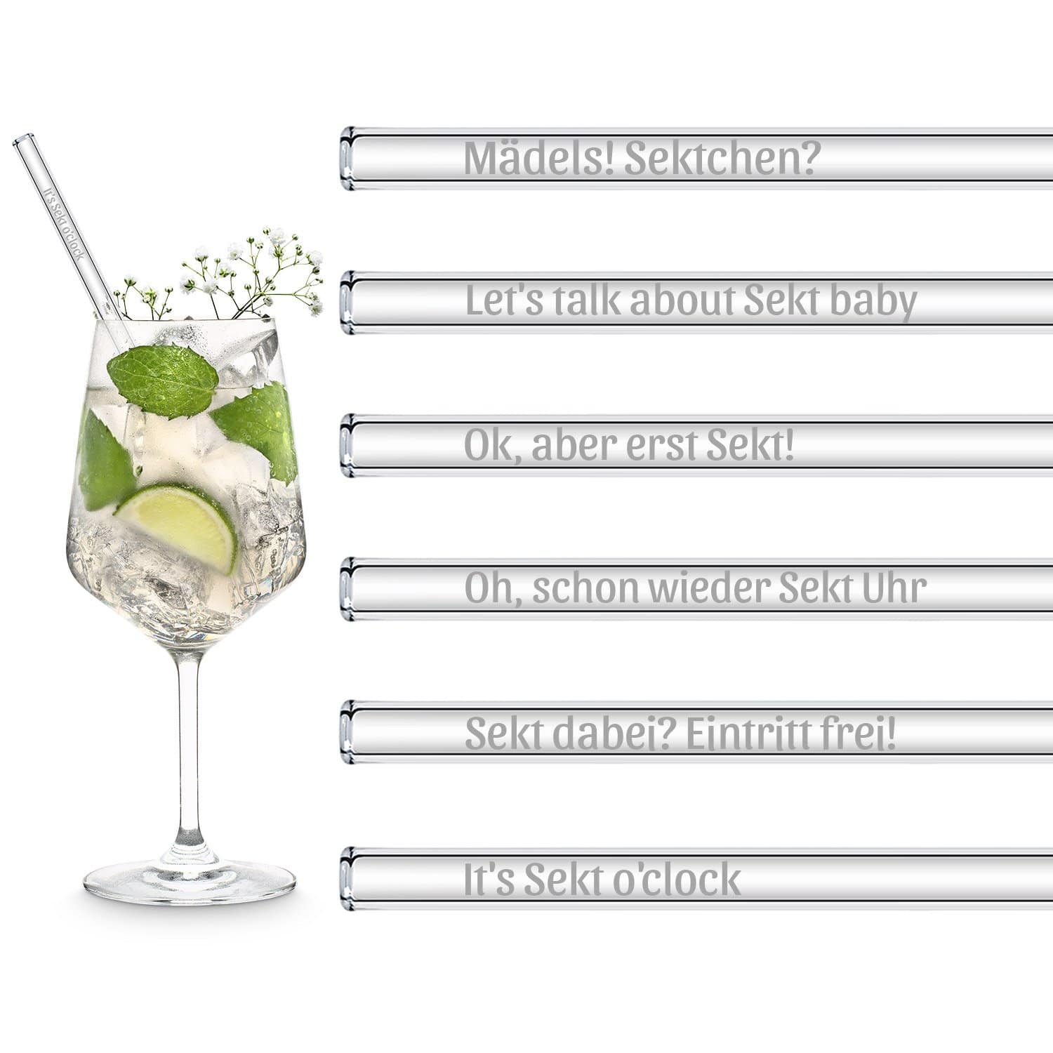Sekt Sprüche gravierte Glasstrohhalme mit 6 lustigen Sektchen Trinksprüchen