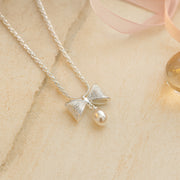 Kette mit Anhänger aus 925er Sterling-Silber, Schleife mit Perle