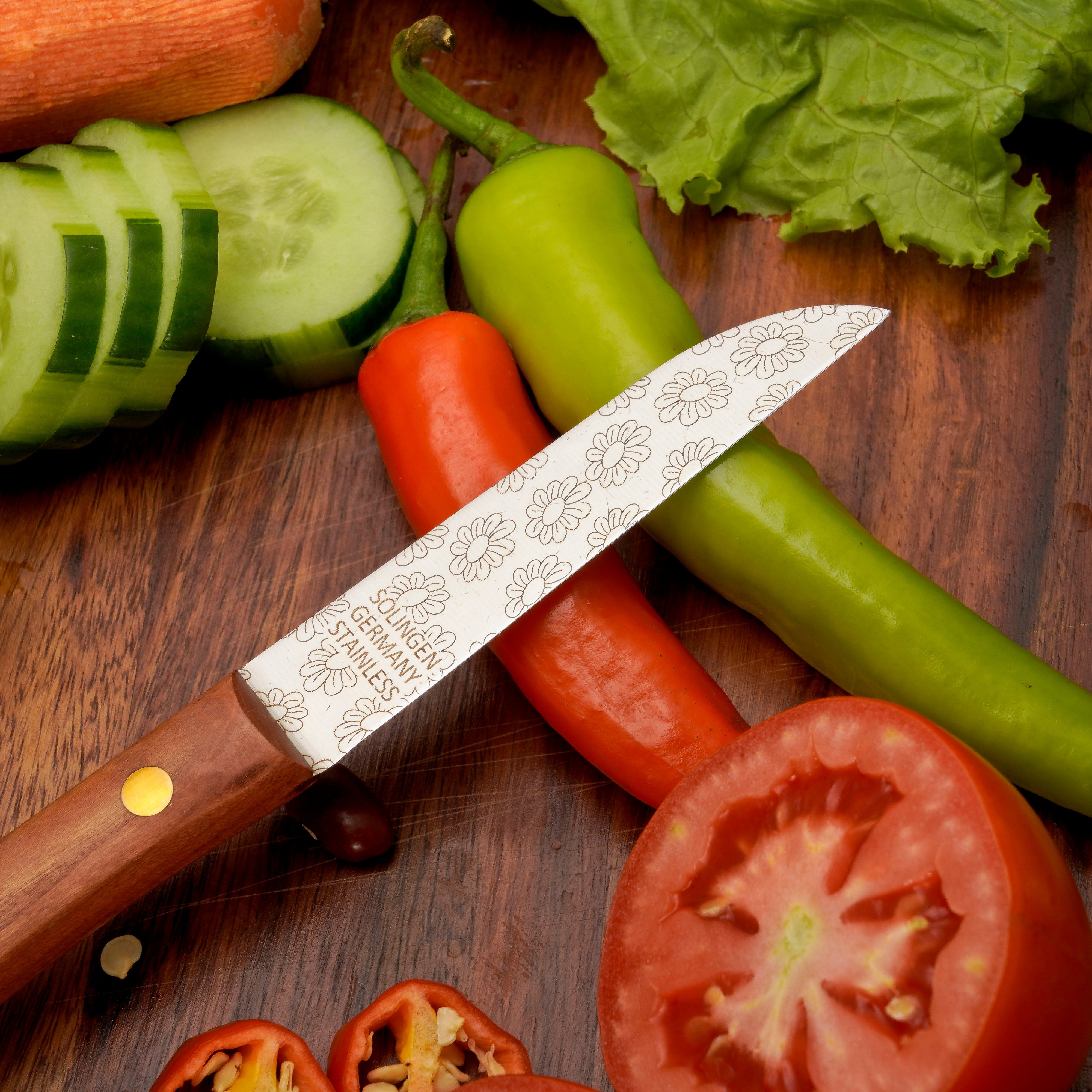 Gemüsemesser Zöppken Style Aus Solingen Mit Dünnschliff Technologie Edler Holzgriff Und Lasergravur Rostfrei Ergonomisch