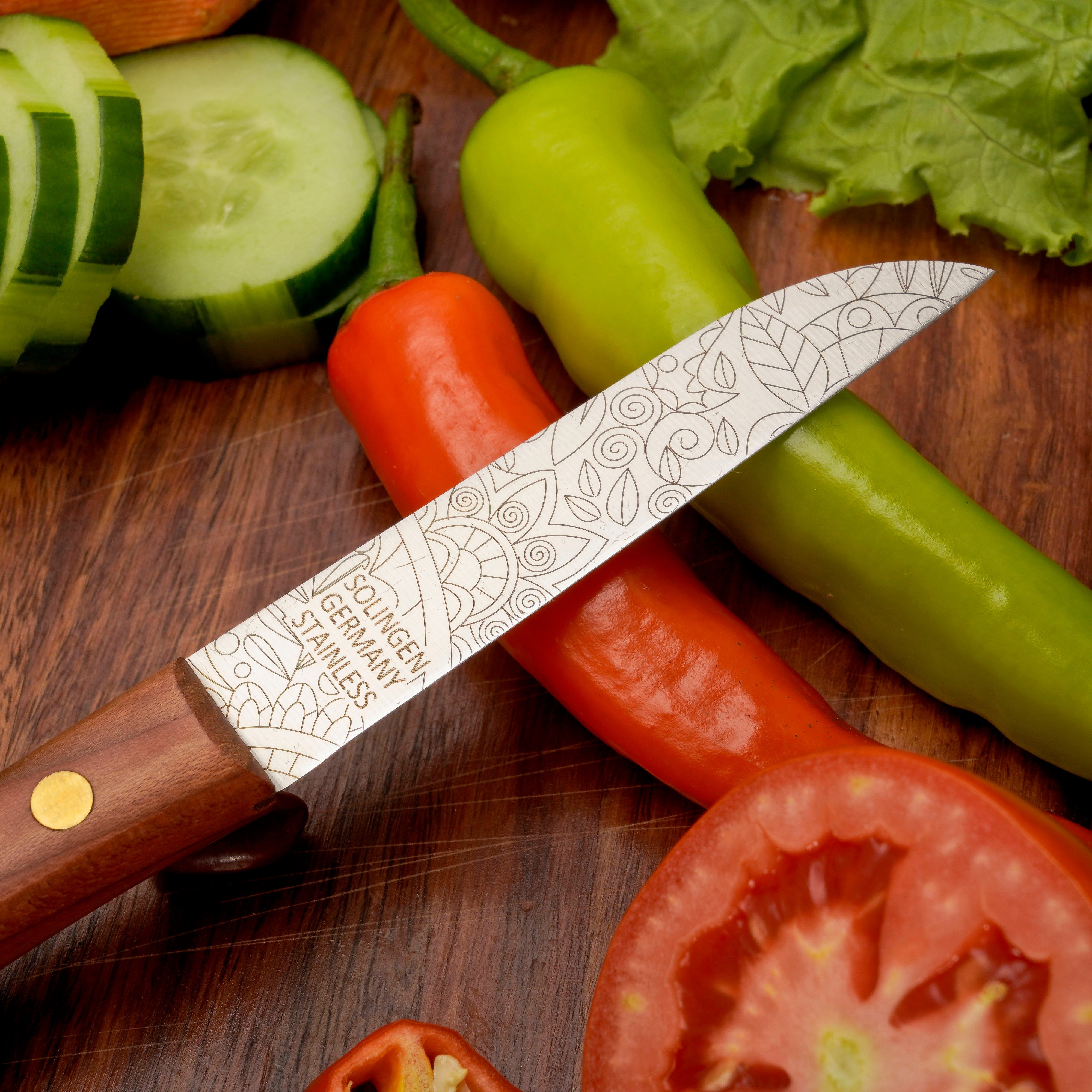 Gemüsemesser Zöppken Style Aus Solingen Mit Dünnschliff Technologie Edler Holzgriff Und Lasergravur Rostfrei Ergonomisch