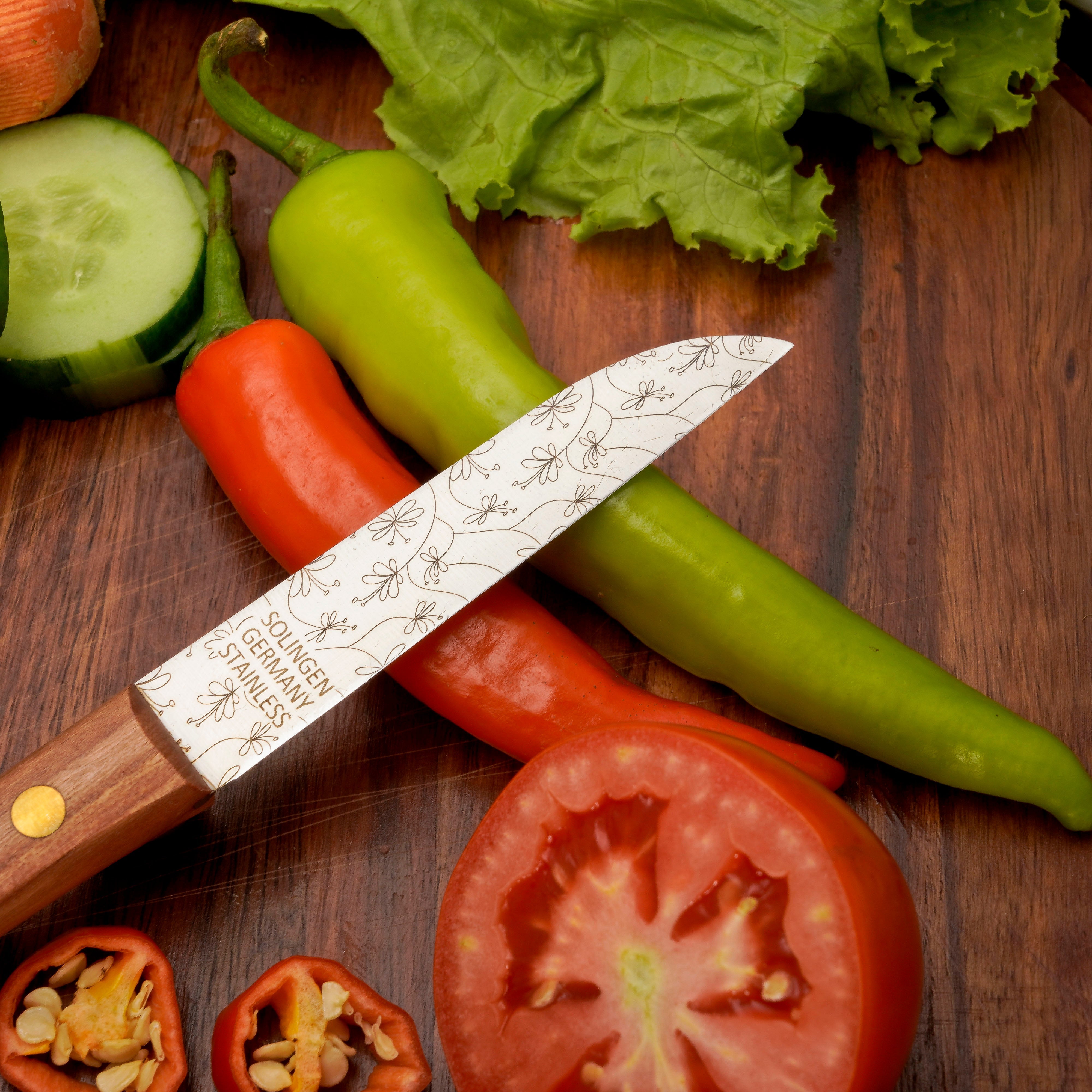 Gemüsemesser Zöppken Style Aus Solingen Mit Dünnschliff Technologie Edler Holzgriff Und Lasergravur Rostfrei Ergonomisch