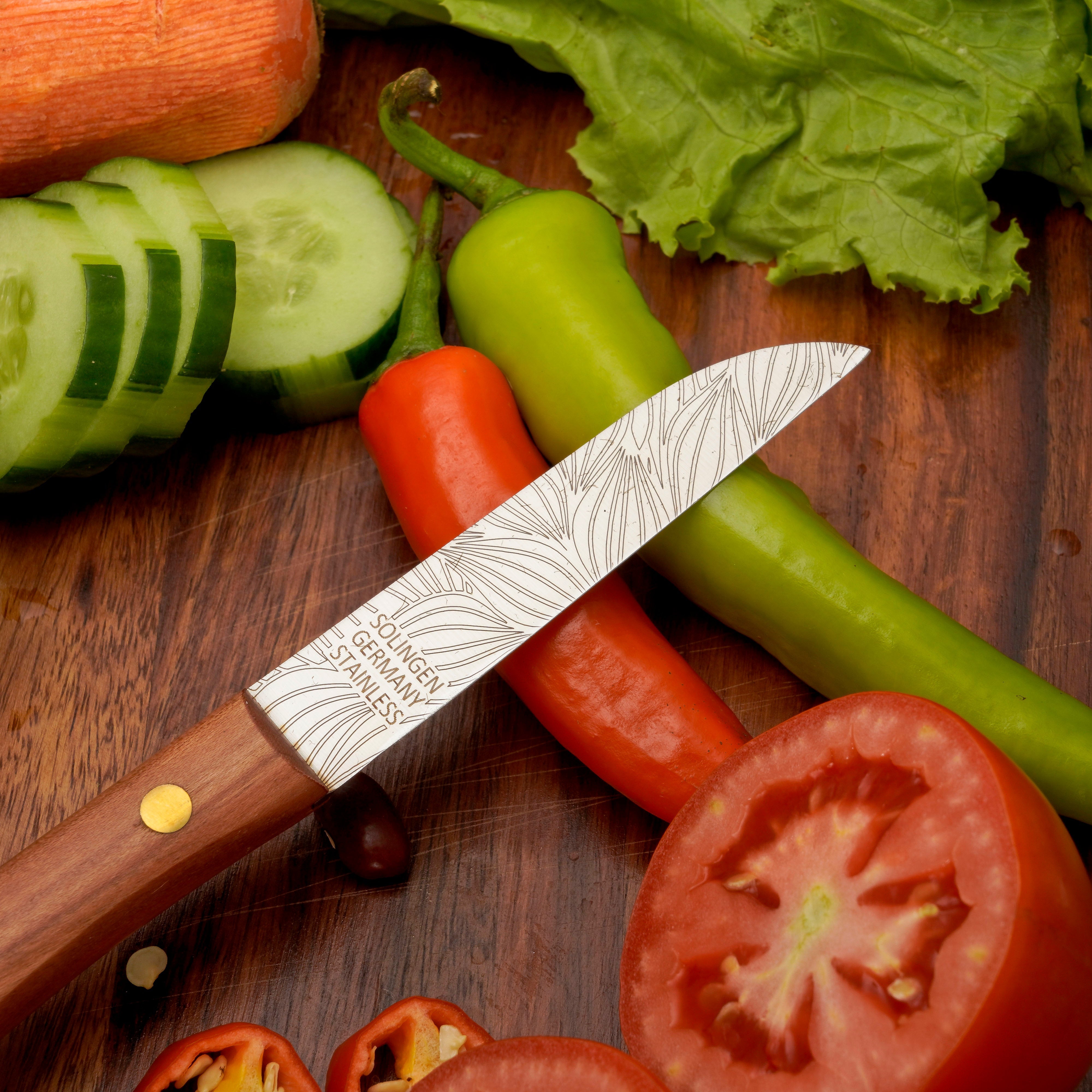 Gemüsemesser Zöppken Style Aus Solingen Mit Dünnschliff Technologie Edler Holzgriff Und Lasergravur Rostfrei Ergonomisch