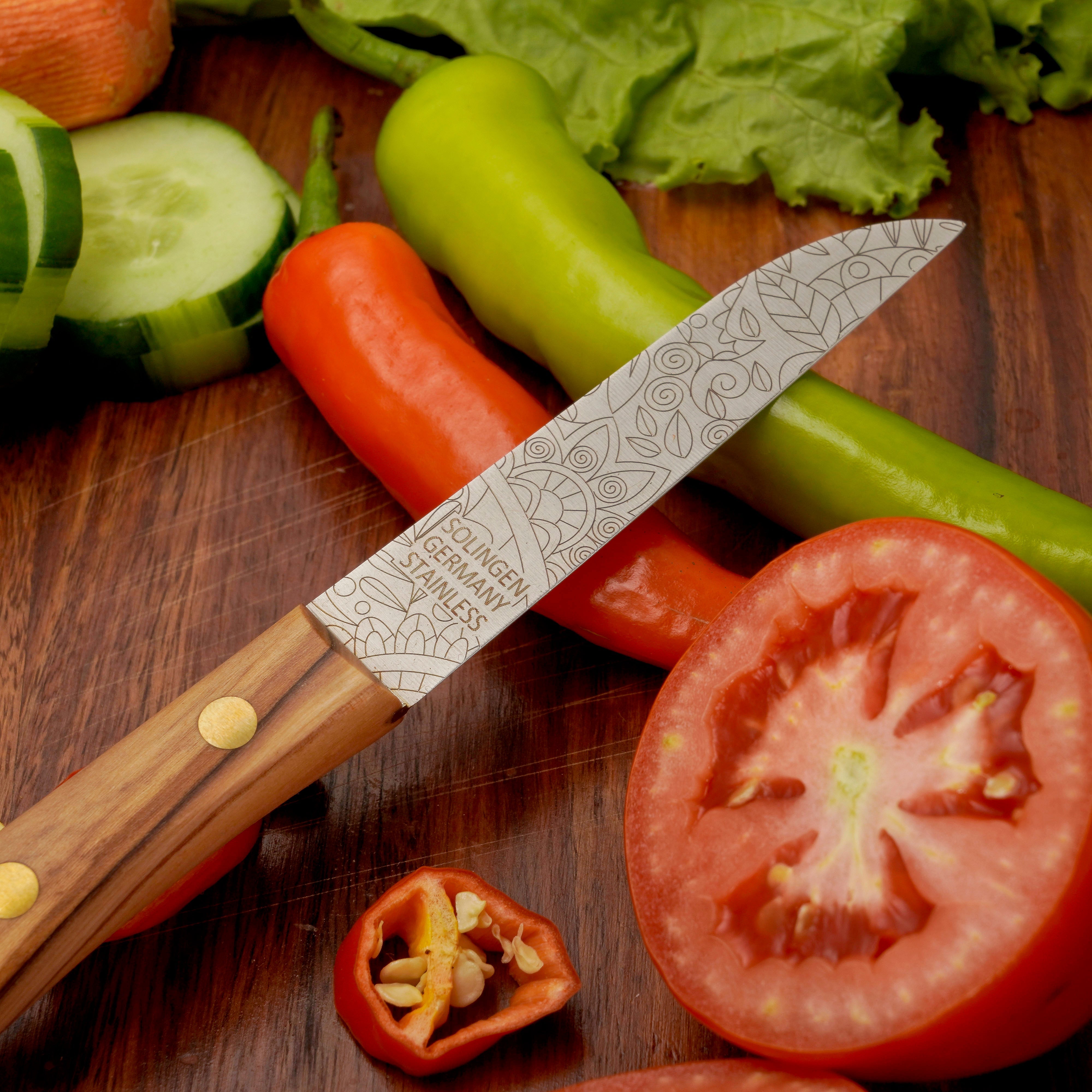 Gemüsemesser Zöppken Style Aus Solingen Mit Dünnschliff Technologie Edler Holzgriff Und Lasergravur Rostfrei Ergonomisch