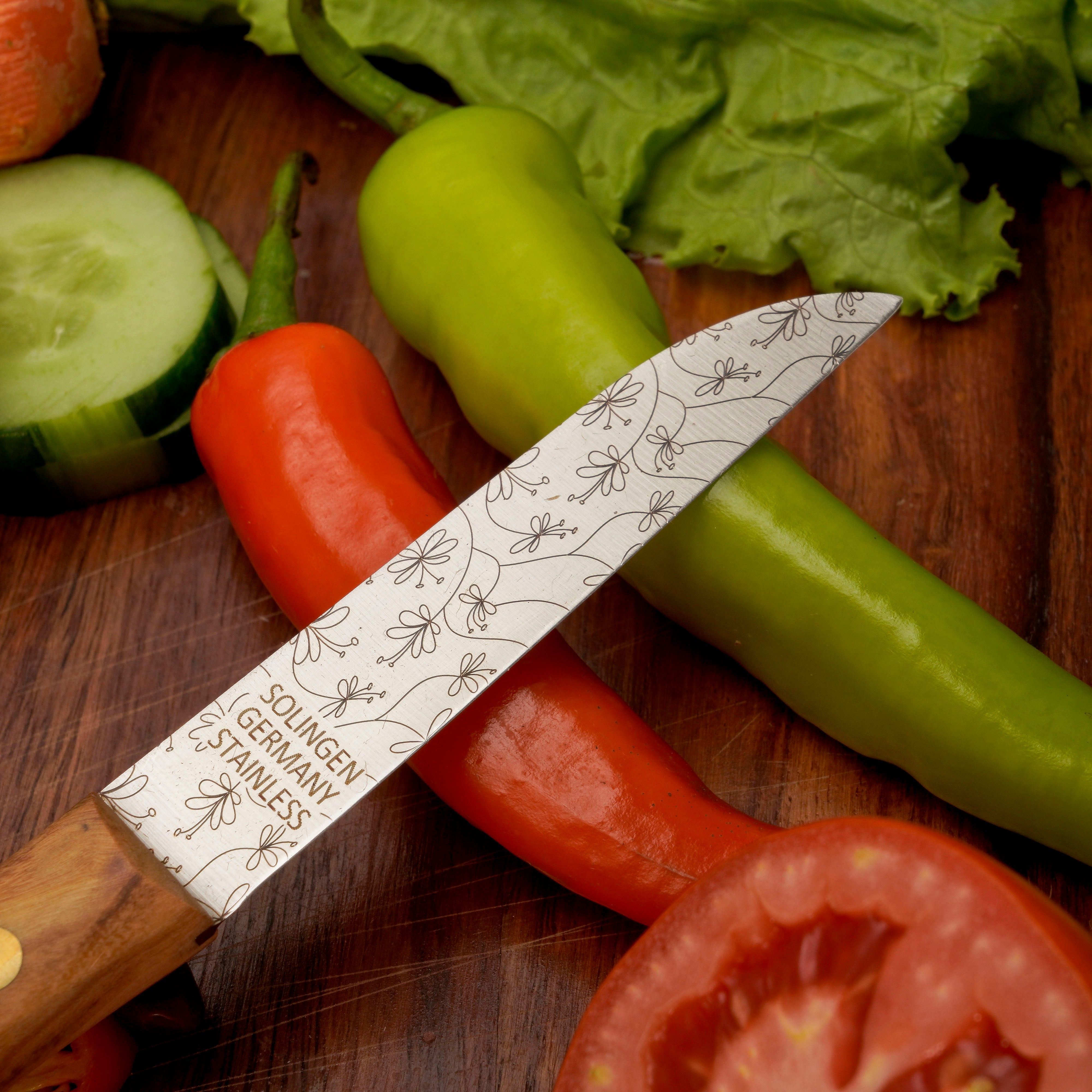 Gemüsemesser Zöppken Style Aus Solingen Mit Dünnschliff Technologie Edler Holzgriff Und Lasergravur Rostfrei Ergonomisch