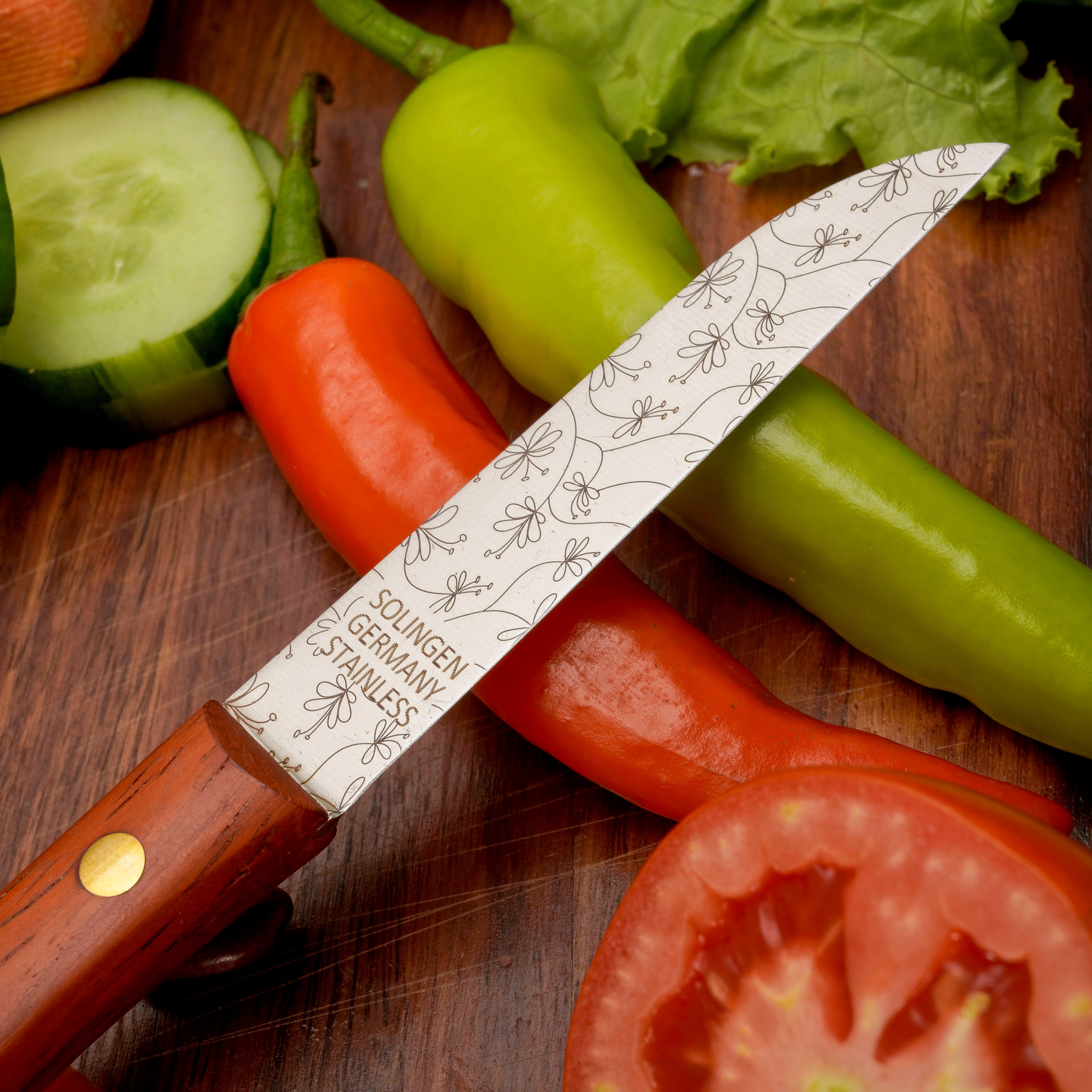 Gemüsemesser Zöppken Style Aus Solingen Mit Dünnschliff Technologie Edler Holzgriff Und Lasergravur Rostfrei Ergonomisch