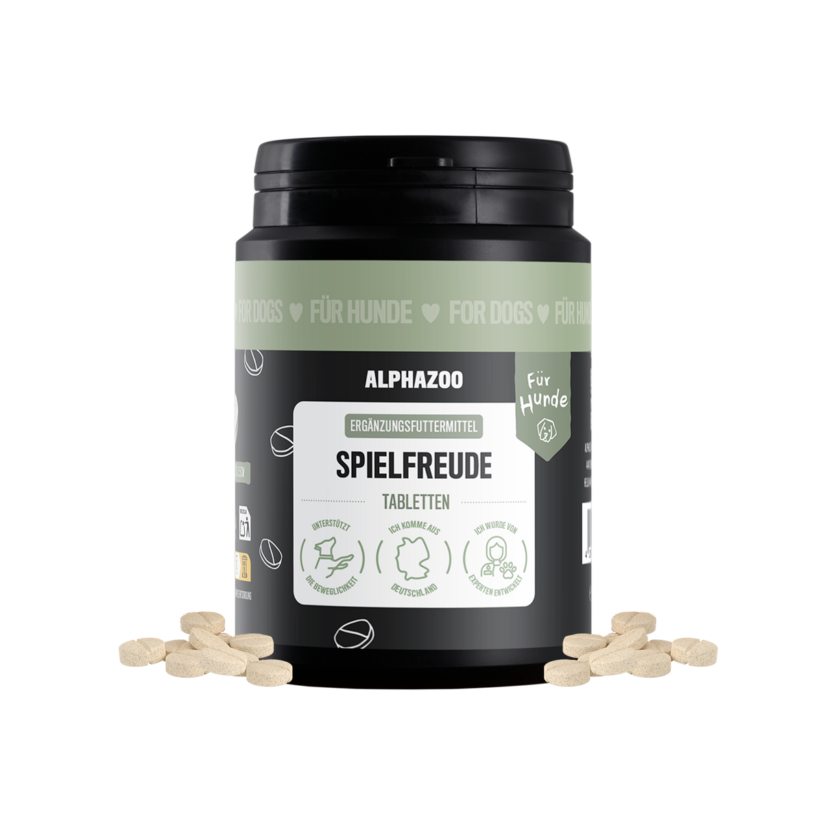 Spielfreude Tabletten von alphazoo in 180g Verpackung, Ergänzungsfuttermittel für Hunde zur Unterstützung der Gelenke.