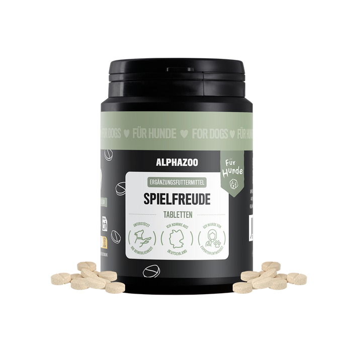 Spielfreude Tabletten von alphazoo in 180g Verpackung, Ergänzungsfuttermittel für Hunde zur Unterstützung der Gelenke.