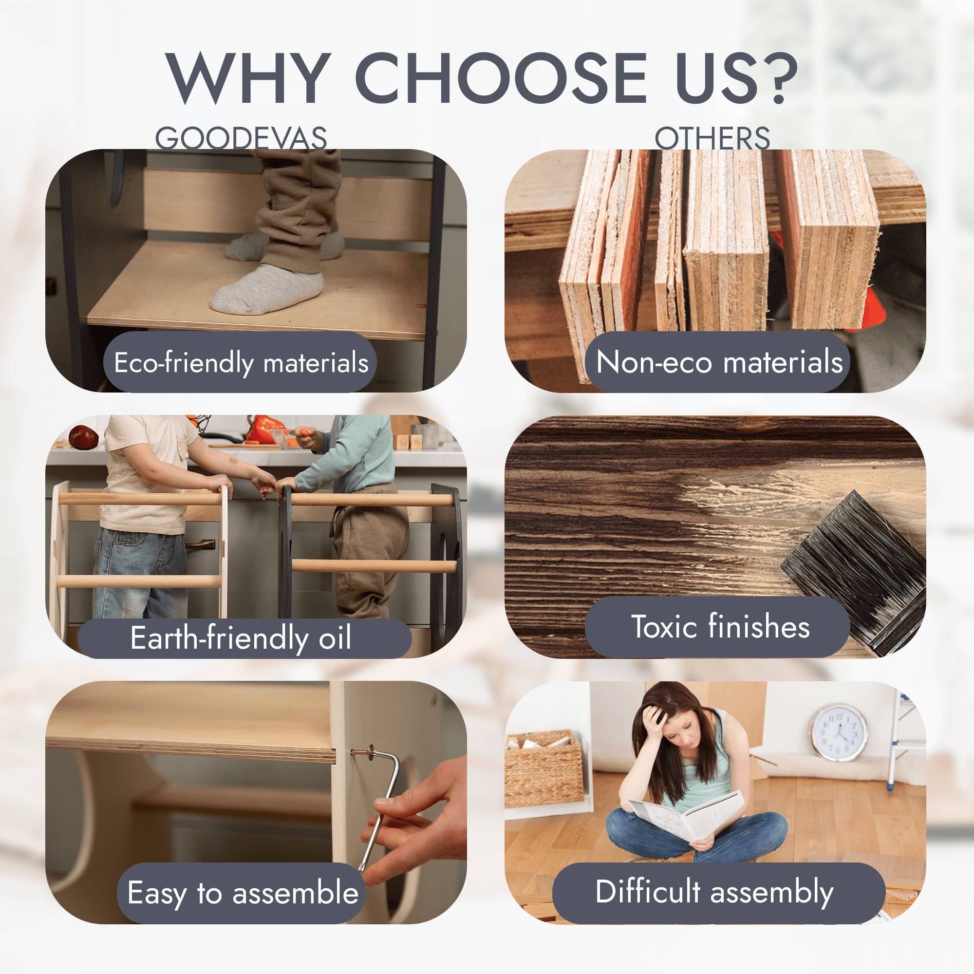 Stabiler Montessori Lernturm: Mitwachsender Kinderstuhl aus Holz – Beige