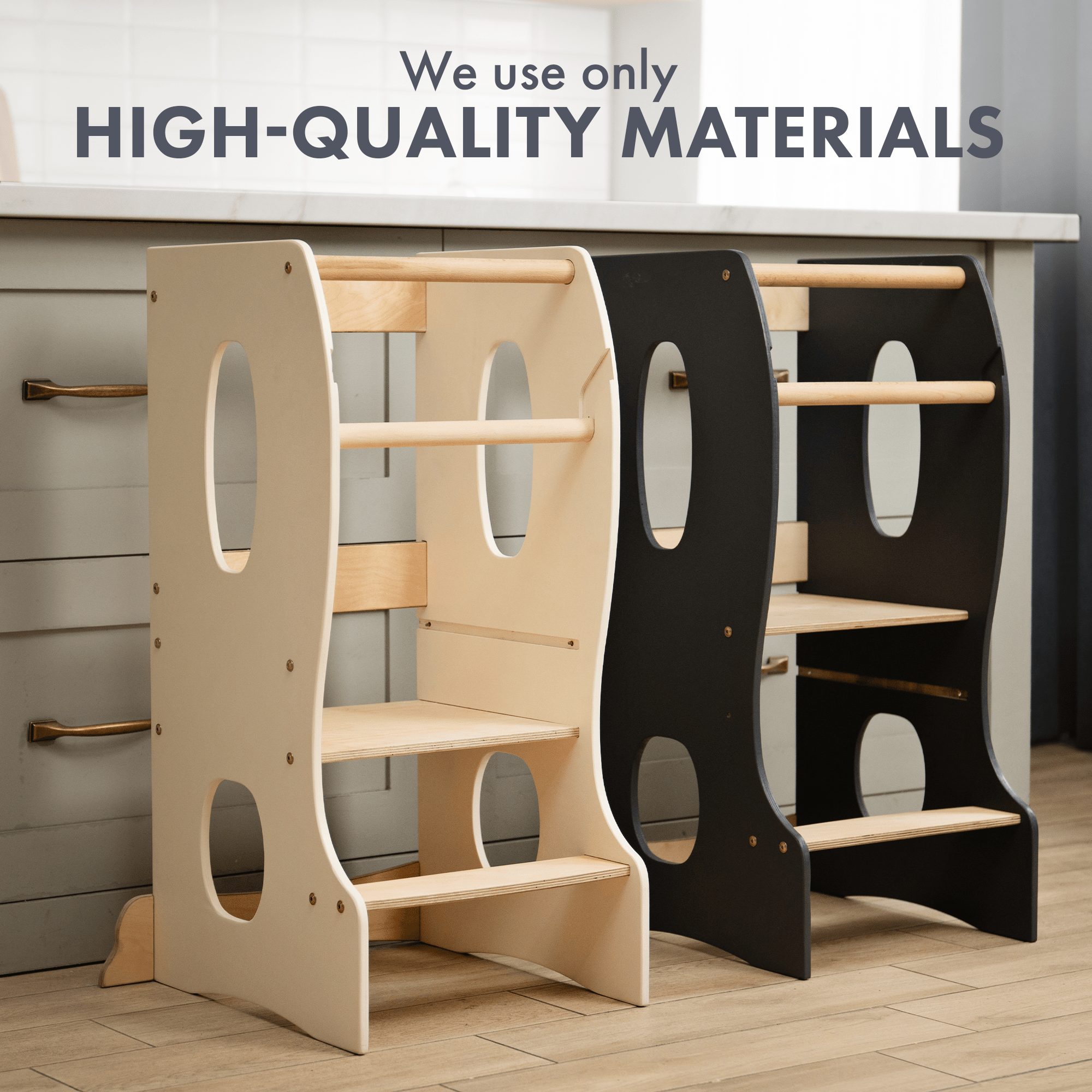 Stabiler Montessori Lernturm: Mitwachsender Kinderstuhl aus Holz – Grau