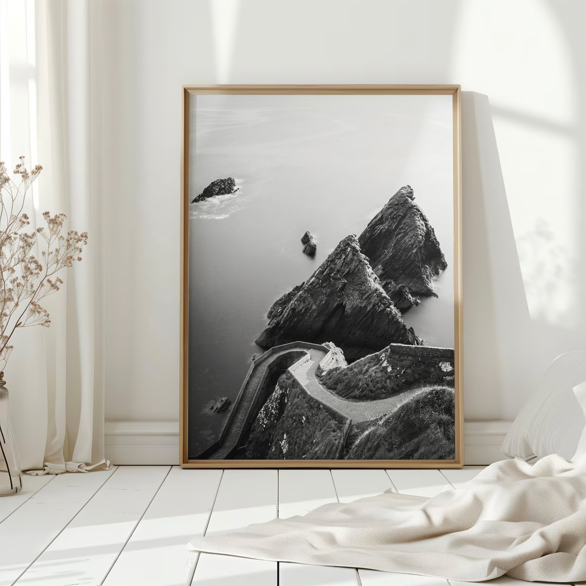 Dunquin Pier Wall Art Print – Black and White Coastal Landscape