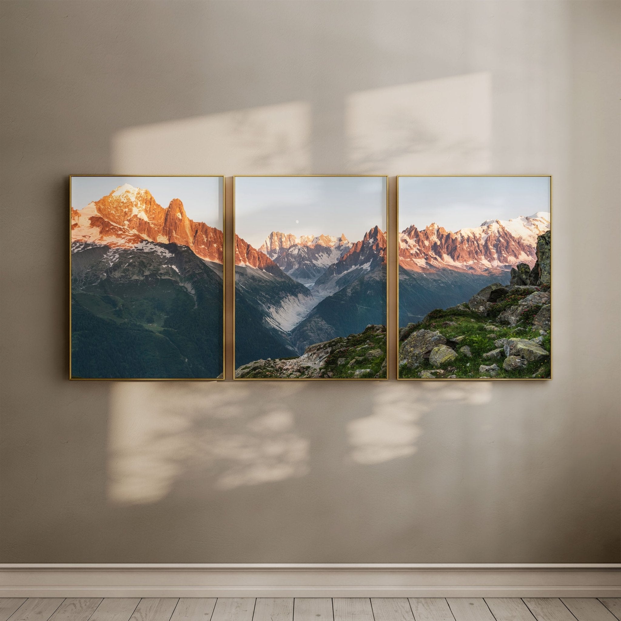 Chamonix Alps Sunset Triptych - Aiguille Verte, Mer de Glace & Grandes Jorasses Wall Art