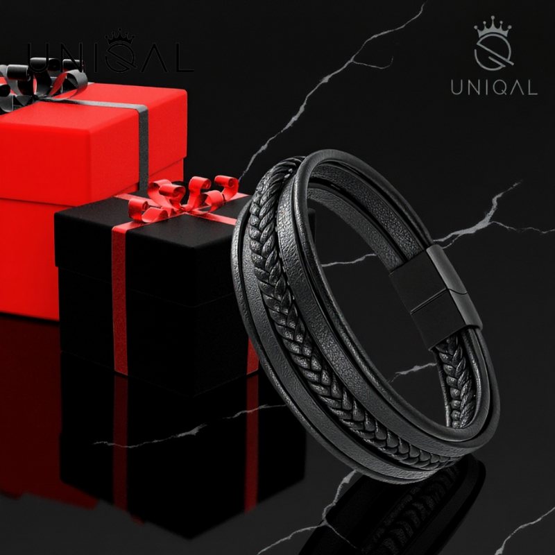 Multi Layer Armband Hochwertiges Rindsleder Mit Edelstahl Magnetverschluss Unisex Tiefschwarz 19 21 23 cm Geschenkbox