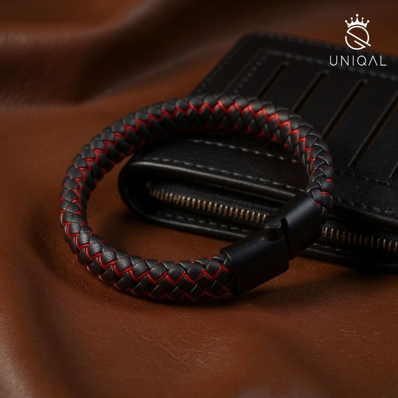 FIRE Lederarmband Unisex Mit Magnetverschluss Und Verlängerungsglied Schwarz Mit Feuerroter Faden Gravierbar Luxus Etui