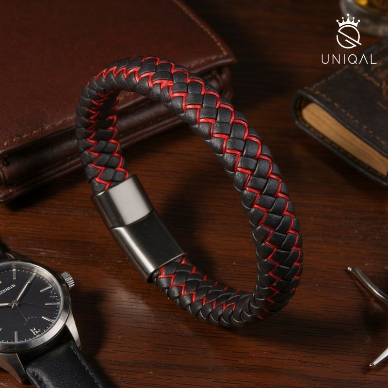 FIRE Lederarmband Unisex Mit Magnetverschluss Und Verlängerungsglied Schwarz Mit Feuerroter Faden Gravierbar Luxus Etui