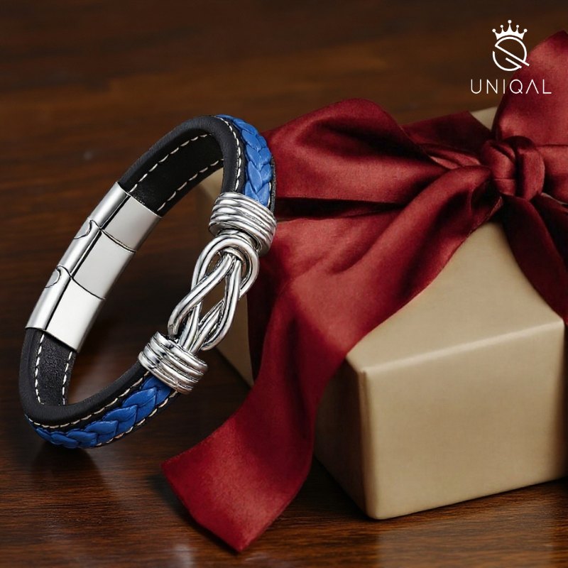 Eternal Blue Lederarmband Unisex Gravierbar Aus Echtem Leder In Schwarz Und Tiefblau Mit Gratis Luxus Etui
