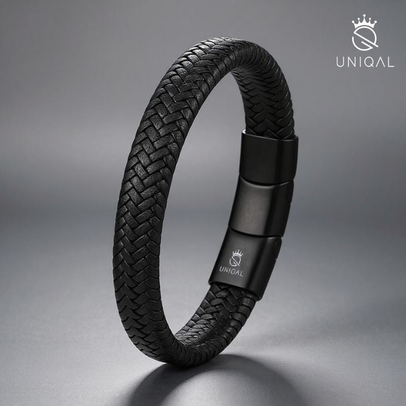 Geflochtenes Echtleder Und Edelstahl Unisex Armband Mit Magnetverschluss In Schwarz Größen 19 21 23 Cm Gratis Luxus Etui