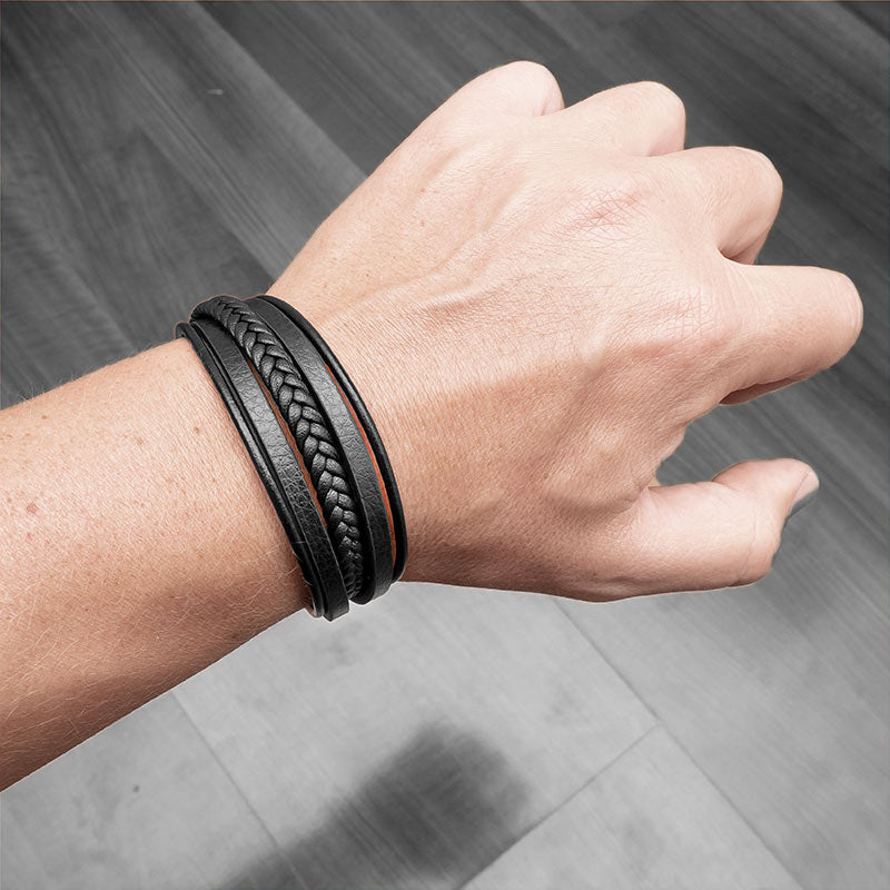 Multi Layer Armband Hochwertiges Rindsleder Mit Edelstahl Magnetverschluss Unisex Tiefschwarz 19 21 23 cm Geschenkbox