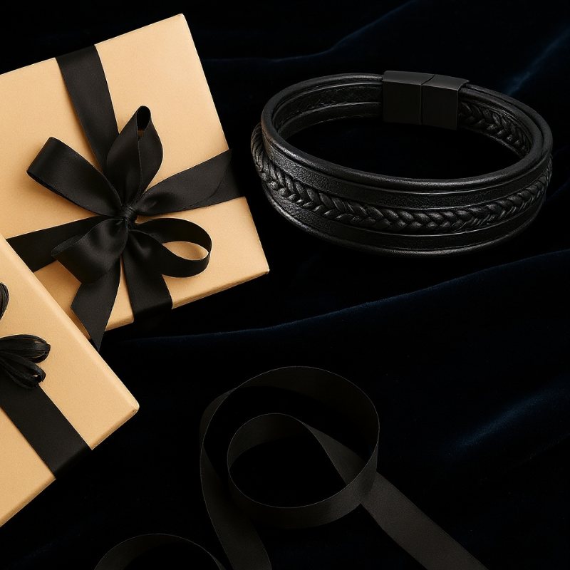 Multi Layer Armband Hochwertiges Rindsleder Mit Edelstahl Magnetverschluss Unisex Tiefschwarz 19 21 23 cm Geschenkbox