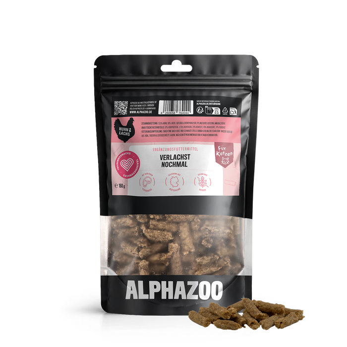 Verlachst Nochmal Katzensnack mit 30% Lachs und 57,5% Huhn, 160g Packung, hochwertiges tierisches Protein.