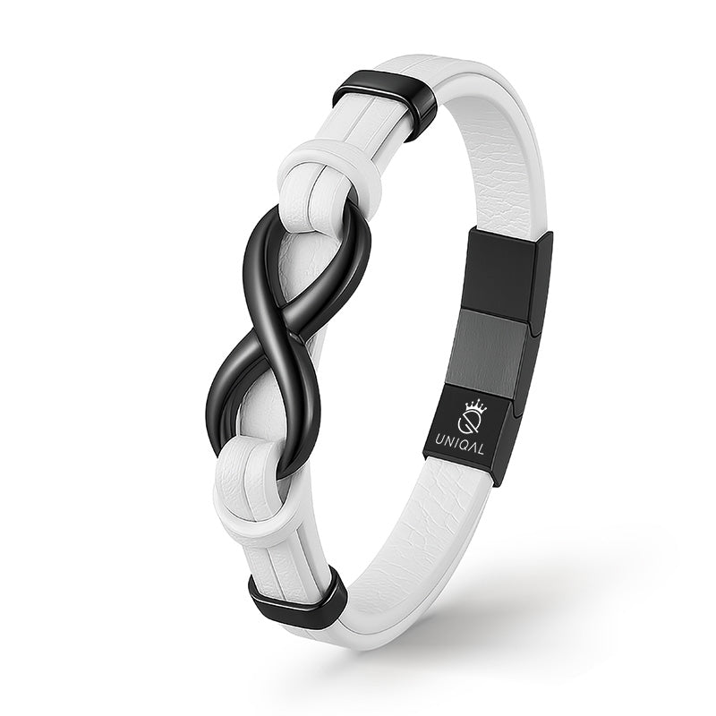 Infinity White Lederarmband Unisex Echtes Rindsleder Edelstahl Gravur Möglich Größen 19 21 23 cm Gratis Luxus Etui