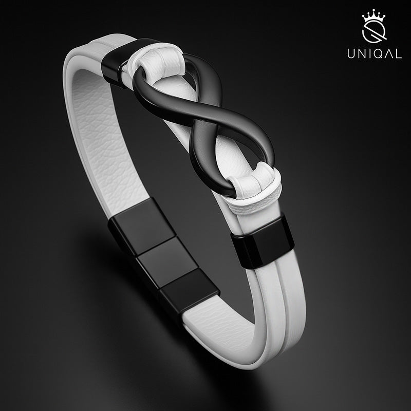 Infinity White Lederarmband Unisex Echtes Rindsleder Edelstahl Gravur Möglich Größen 19 21 23 cm Gratis Luxus Etui