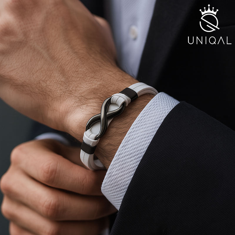 Infinity White Lederarmband Unisex Echtes Rindsleder Edelstahl Gravur Möglich Größen 19 21 23 cm Gratis Luxus Etui