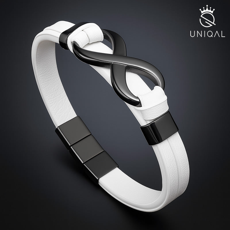 Infinity White Lederarmband Unisex Echtes Rindsleder Edelstahl Gravur Möglich Größen 19 21 23 cm Gratis Luxus Etui