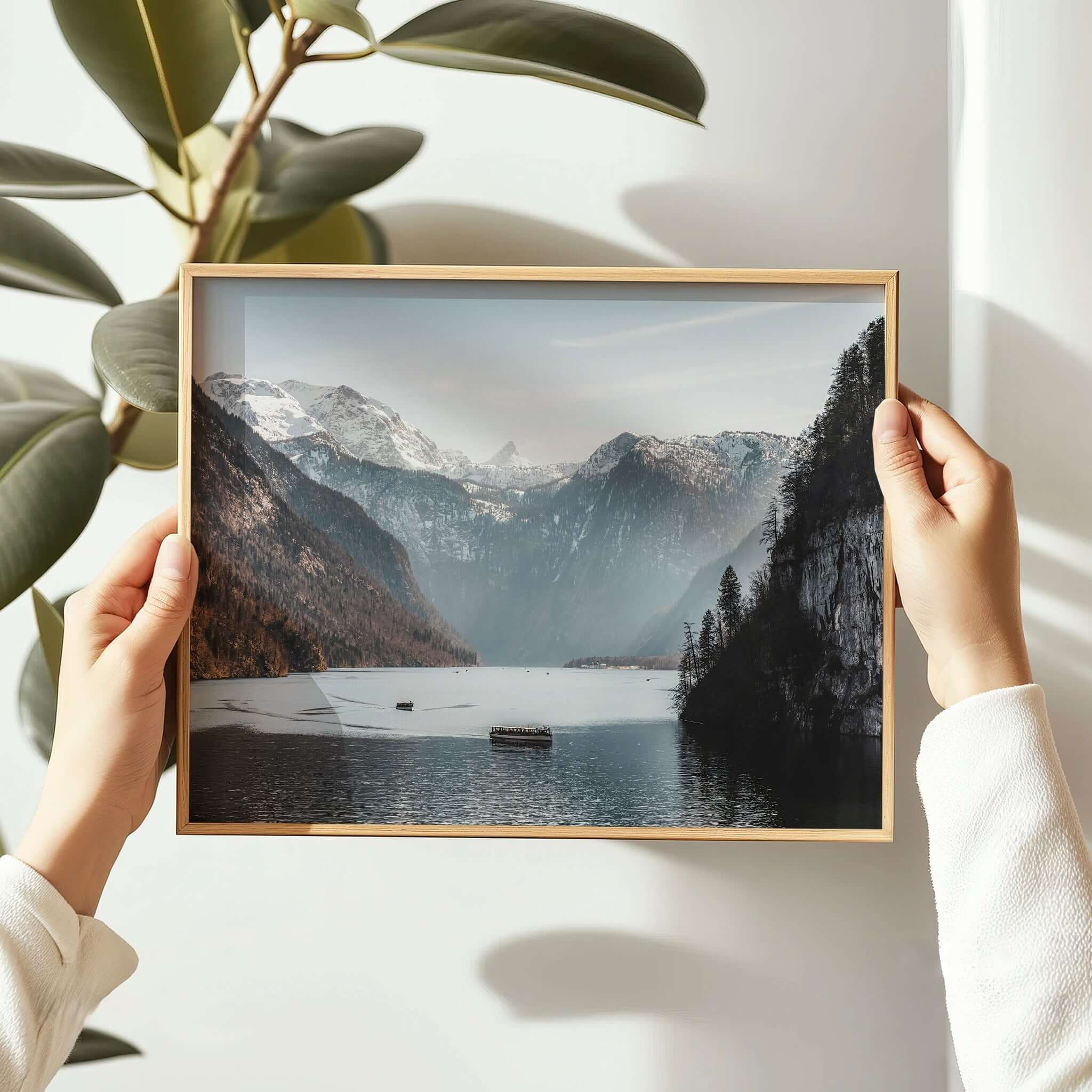 Königssee Lake Print – Bavarian Alps Landscape with Boats and Cliffs